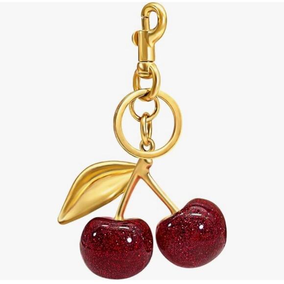 Cherry Bag Charm & Key Ring NEW Red Sparkly Cherries with Goldtone Hardware - Picture 1 of 7